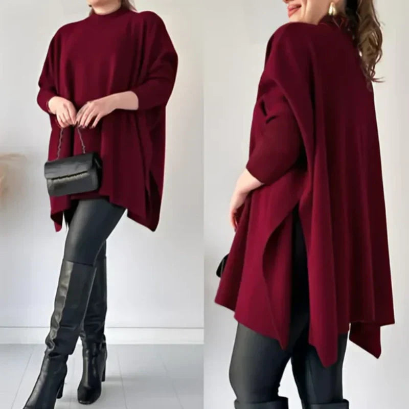 Women's mock neck batwing sleeves slit tops